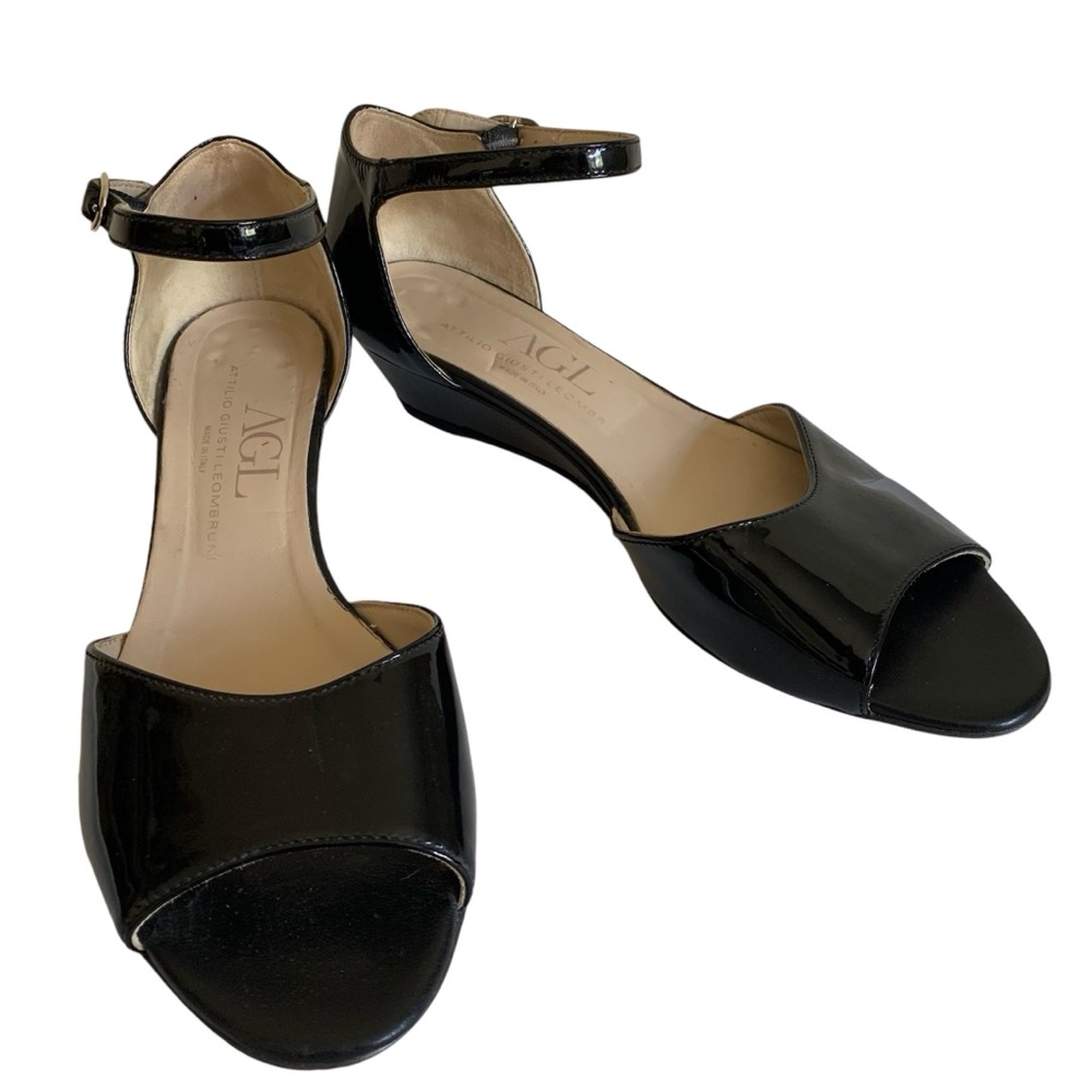 Attilio Giusti Leombruni AGL Patent Leather Ankle Strap Mini Wedge Sandal Sz 40